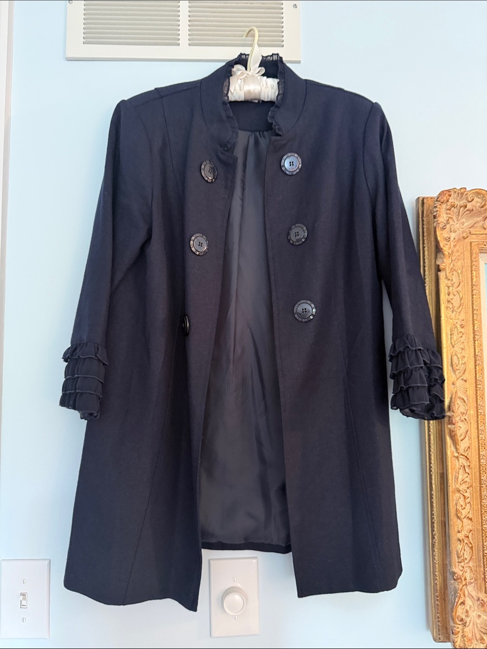 Multiples Navy Ruffle Cuff Double-Breasted Pea Coat